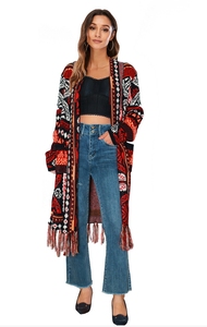 Donna autunno nuovo Design a maniche lunghe bohémien Jacquard stile <span class=keywords><strong>lungo</strong></span> Vintage maglione Casual <span class=keywords><strong>rosso</strong></span> <span class=keywords><strong>Cardigan</strong></span> con nappe - Product Image 5