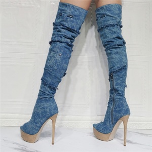 Bottes hautes à plateforme et talons hauts pour femmes, avec fermeture éclair, bout ouvert, en jean bleu, grande taille 47 - Product Image 6
