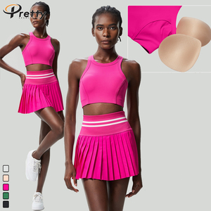 Conjunto de 2 Uds de Fitness para mujer, faldas plisadas de cintura alta, polos cortos debajo acanalados <span class=keywords><strong>con</strong></span> almohadilla en el pecho, sujetador insular, chaleco deportivo - Product Image 5