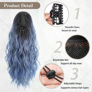 Extensión de Cola de Caballo con Clip de 18 Pulgadas para Mujer, Estilo Rizado, Negro a Azul Ceniza, Ondulado, Fibra Suave y Esponjosa - Product Image 3