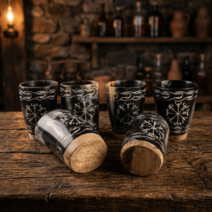 Vaso artesanal de cuerno natural de búfalo, taza grabada estilo vikingo medieval, para compradores mayoristas. - Product Image 4