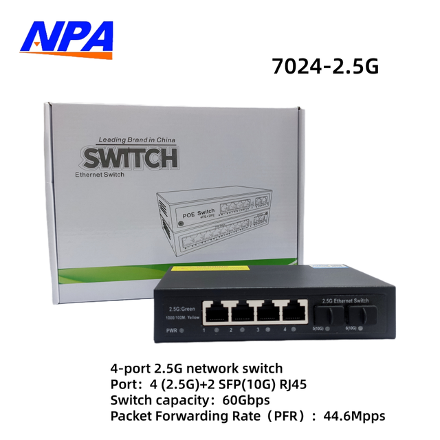 2500M Network Switch Unmanaged 2.5G 4+2 Port Poe Switch 12V 1A Power Supply 2 SFP 10G for Wifi Router