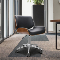 Chaise de bureau moderne en bois courbé noyer, revêtement en cuir PU noir, hauteur réglable, pivotante, pour bureau à domicile et travail sur ordinateur