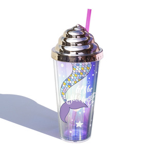 Gobelet isotherme réutilisable en plastique à double paroi avec paille, motif sirène, logo personnalisé, 420 ml, pour le <span class=keywords><strong>camping</strong></span> - Product Image 6