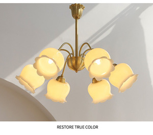 Suspension LED en cuivre massif, blanc chaud, hauteur réglable, intensité variable, style rétro français crème pour salon, chambre à coucher, salle à manger - Product Image 3