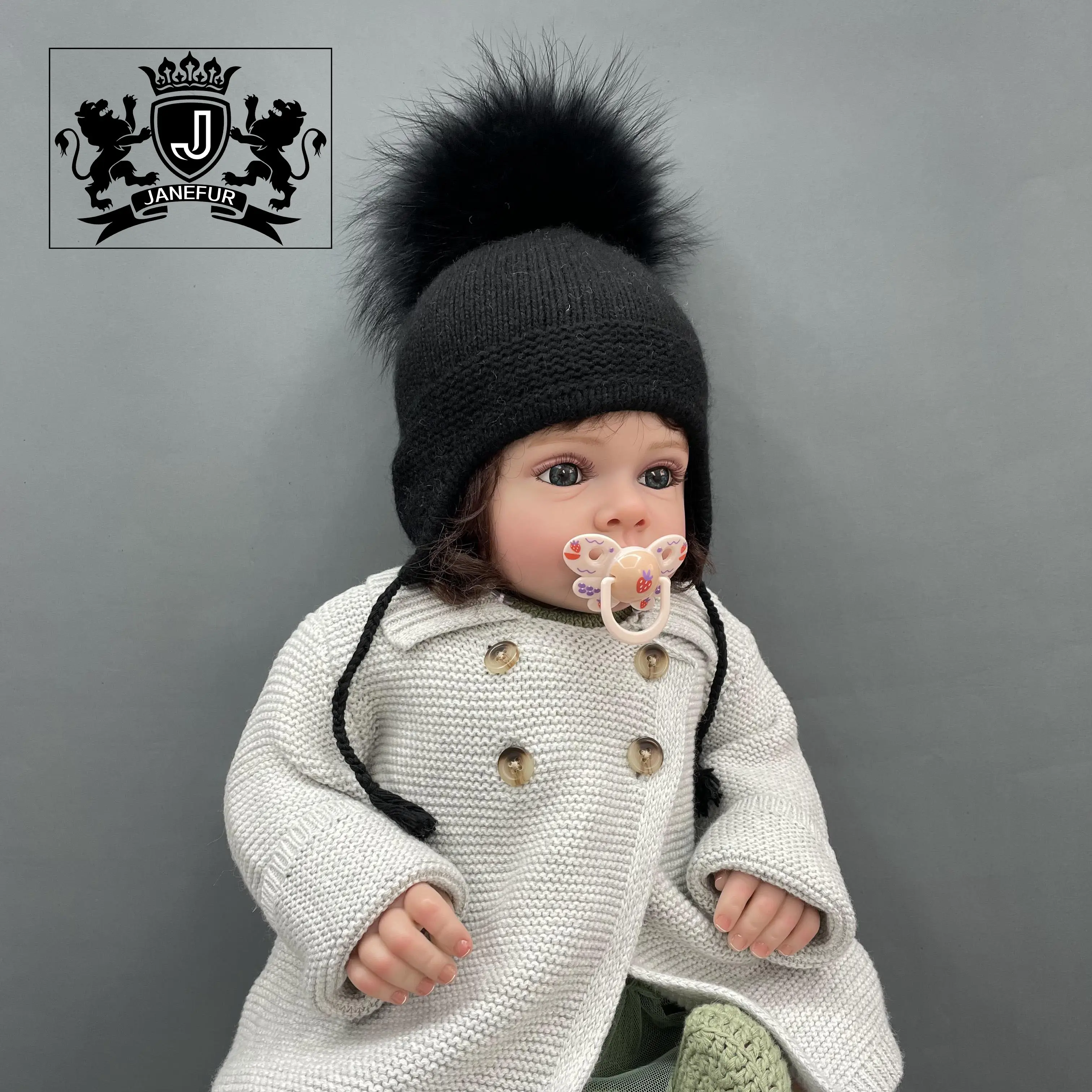 Janefur low MOQ soft ear muff angora beanie hat with raccoon fur pompom ball baby and child 2 size earflap beanie