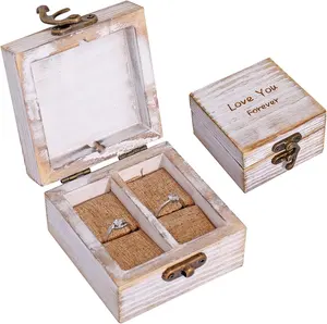 결혼 반지 및 커플 보석을위한 결혼식 발렌타인 데이 장식 반지 홀더 상자에 대한 Junji 소박한 색상 나무 반지 상자