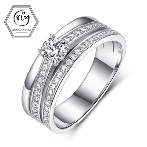LINNA 0,4 CTW 925 Sterling Silber Platinbeschichtet Brillantschliff Moissanit Doppelreihiger Pavé Herren Damen Verlobungs- und Ehering - Product Image 1
