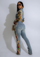 Mode Streetwear Automne Hiver Ensemble Deux Pièces Jean Coordonné avec Veste en Jean et Pantalon, Patchwork Floral pour Femme