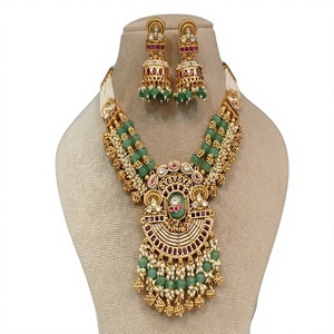 Beautiful <b>Gold</b> Plated Alloy Ethnic Necklace <b>Earrings</b> <b>Set</b> with Green Beads Moissanite for Women Wedding Party Engagement Jewelry - Product Image 2