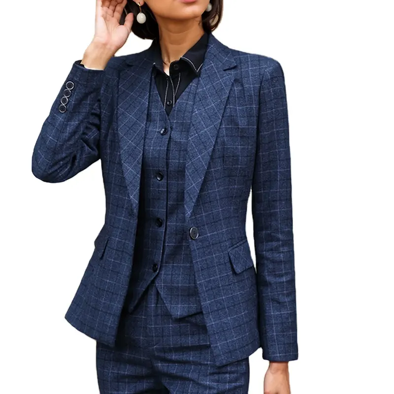 OEM High Quality 3-Piece Suit Set Soft and Comfortable Anti-Wrinkle Plaid Formal Pant Suit Blazer Office Lady Uniform for Women
