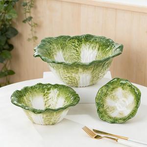 Ceramic Flower Deep Bowl Pure <b>Green</b> Creative Cabbage Relief Tableware Ceramic Bowl - Product Image 1