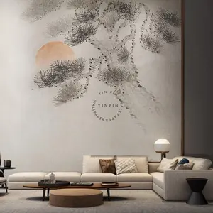 วอลล์เปเปอร์พื้นหลังห้องนั่งเล่นศิลปะทำจากไม้ไผ่รูปต้นสนพระจันทร์จีนใหม่3D