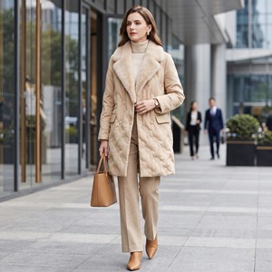 Manteau d'hiver pour <span class=keywords><strong>femme</strong></span> en mélange de laine de chameau et duvet de canard blanc, avec col en fourrure de vison véritable amovible, double boutonnage, poches en cuir - Product Image 1