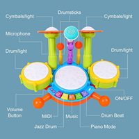 Jouets d'instruments de musique électriques avec 2 baguettes de batterie Beats Flash Light et microphone réglable Ensemble de batterie électrique pour enfants pour bébé