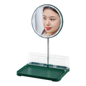 Desktop Makeup Mirror With Led Light Pearl White Round Aluminum Lens Cosmetic Organizer Storage Rack For Beauty Makeup - Product Image 5