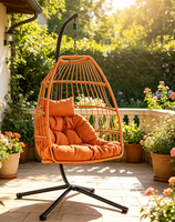 Fauteuil suspendu en forme d'œuf avec support - Fauteuil balançoire en rotin PE orange avec coussins