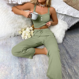 Pijama informal para mujer, camisola Sexy sin mangas de encaje recortado con tiras sólidas con pantalones, ropa de casa, conjunto de ropa de dormir holgada para mujer - Product Image 1