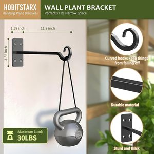 Support mural robuste pour plantes d'extérieur, support de suspension pour plantes forgé à la main, crochets muraux en fer forgé noir - Product Image 3