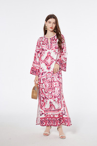 ANSZKTN-Vestido con abertura y estampado de mayólica retro para mujer, vestido suelto de manga larga, maxi vestido informal - Product Image 5