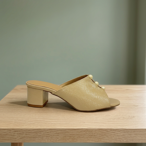 Sandales élégantes en cuir véritable beige à talon bloc, avec décoration de perles, bout ouvert, à enfiler, talon moyen, pour femme - Product Image 4