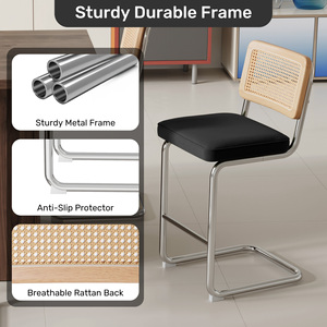 Breathable Woven Rattan Back <b>Bar</b> Stool Sturdy Anti-Slip Metal Cantilever Legs Velvet Cushioned Counter Chair for Apartment - Product Image 3