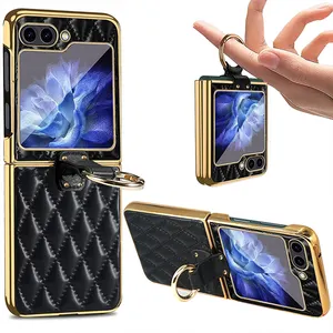 Luxury Leather Colored Phone Case For Samsung Galaxy Z Flip 5 Z Flip 4 Gold-plated Ring Folding Protective Case