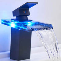 Robinet cascade noir moderne, eau chaude/froide, 3 couleurs LED à changement de température, monocommande, en céramique, à poser sur le rebord, monotrou pour lavabo