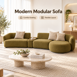 Modern Olive <b>Green</b> Modular Fabric <b>Sofa</b> Set with Rounded Low Backrests Deep <b>Cushioned</b> Seats and Center Console for Living Room - Product Image 5