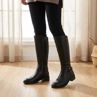 Bottes d'équitation montantes en cuir PU pour femme, talon bas, fermeture éclair latérale, bout rond, bride à boucle, confortables, automne-hiver, vente en gros