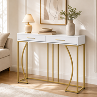 Console contemporaine en MDF avec étagère de rangement et pieds en métal doré, tables consoles de luxe