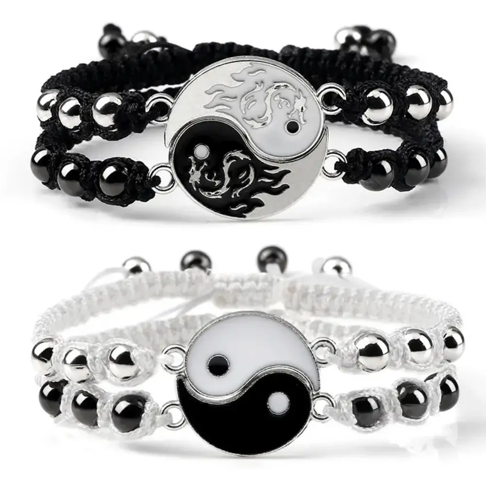 Venta caliente imán tejido pulsera con cuentas dragón Yin Yang Tai Chi Gossip pulsera de cadena trenzada ajustable para pareja