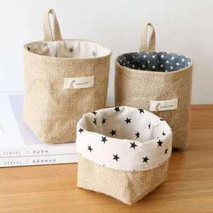 Jute Hanging Pocket Small Sack Sundries Storage Box With Handle Cosmetic Storage Bag Linen Bag Desktop Storage Basket