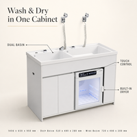 Armoire de lavage et séchage intégrée pour animaux de compagnie, baignoire double cuve pour toilettage canin avec sécheuse intégrée, purification et contrôle tactile pour salon d'animalerie