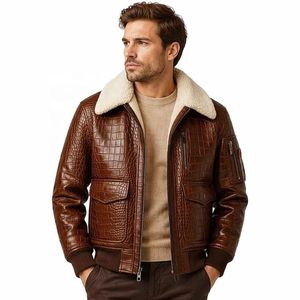 Chaqueta de aviador de cuero de vaca de primera calidad con estampado de cocodrilo para hombre, diseño retro con cuello de piel de oveja personalizado OEM para invierno - Product Image 1