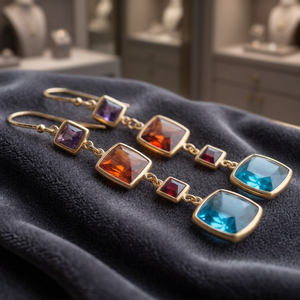 Boucles d'oreilles pendantes carrées plaquées or vintage avec pierres précieuses multicolores, bijoux pour femme, cadeau de fête - Product Image 2