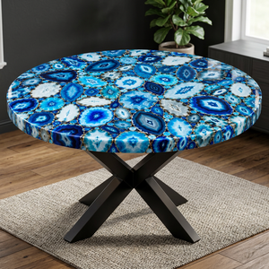 Mesa de Centro Redonda de Ágata Azul Hecha a Mano, Muebles Modernos para Comedor, Artesanía en Piedra, Modelo B-AGT1 de Stonecrafts International, Uttar Pradesh - Product Image 1