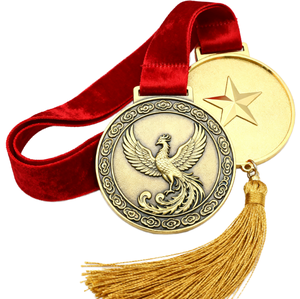 Medalla Personalizada Phoenix en Oro Antiguo con Diseño de Relieve Alto y Patrón de Nubes, Cinta de Terciopelo, Borla Dorada, OEM, ODM, Sin Pedido Mínimo - Product Image 1