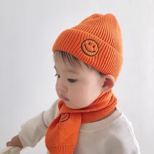baby girl boy winter hats smiling hat and scarf set for kids children hat & scarf sets Embroidered beanie orange white cute