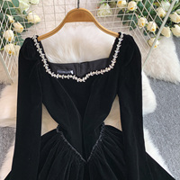 Robe courte décontractée pour femmes, élégante, en velours, à col carré, à manches longues, avec strass, pour les fêtes, le quotidien, robes décontractées