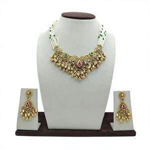 Traditional Silver White Green <b>Beaded</b> Choker Necklace <b>Set</b> with Kundan Work Hanging Drops and Matching Earrings - Product Image 1