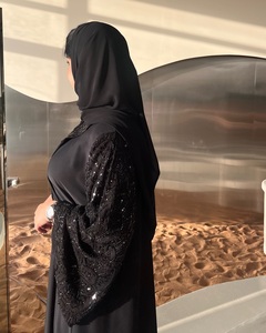 Elegant Black Polyester Abaya Sparkly Sequin Floral Design V Neck Ankle Length <strong>Summer</strong> Modest Islamic Dress Dubai <strong>Kaftan</strong> Matching - Product Image 4