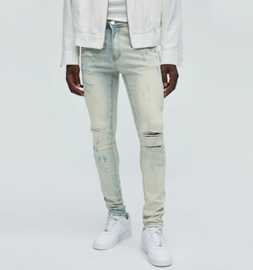 Vaqueros ajustados rasgados para hombre, personalizados, con efecto pulverizado azul claro, pantalones de mezclilla elásticos con efecto desgastado, corte muscular, de fábrica 2026 - Product Image 2
