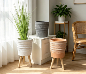 3 Pcs Tall Ribbed Embossed Tripod Planter Set, Standing Flower <b>Pot</b> with Wooden Legs - Product Image 1