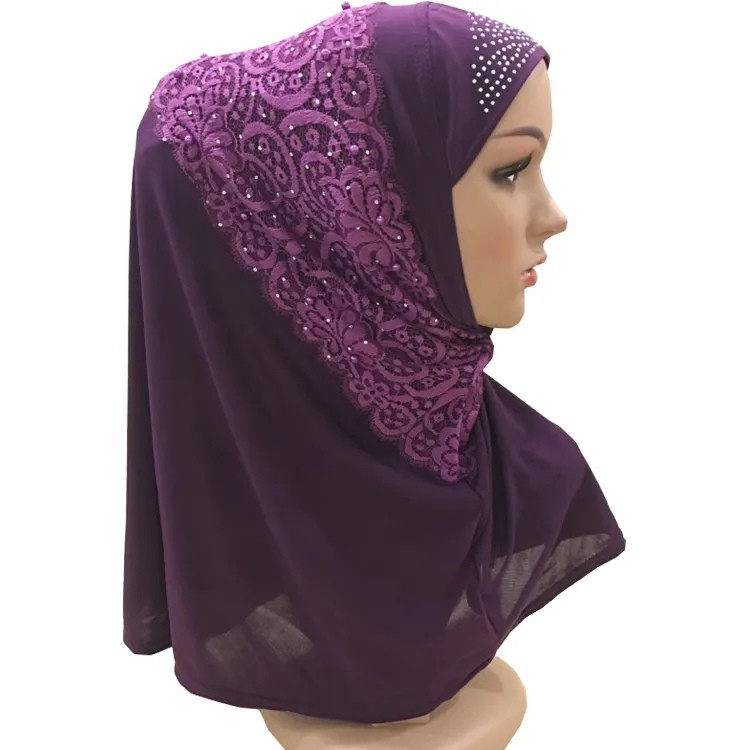 Hijab en Polyester multicolore avec dentelle, tissu fin, personnalisé, style musulman, perçage à chaud, pour femmes, vente en gros,
