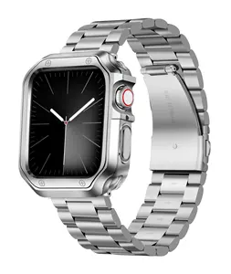 Bracelet de montre en métal en acier inoxydable mat avec boîtier de montre en TPU poli compatible avec le bracelet Apple iwatch S9/8/7/SE2/SE/6/5/4/3/2/1