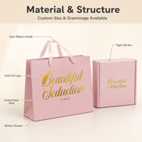 Emballage cadeau rose de luxe écologique avec logo doré, ruban personnalisé, poignée et couleur de film métallisé pour cosmétiques, bijoux, bougies et vente au détail