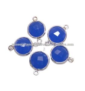 925 forme en argent Sterling à facettes bleu calcédoine pierre gemme connecteur de lunette à la main Double caution charme résultats laiton matériel - Product Image 1