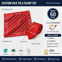 Ensemble de cravate et foulard rayés rouges à impression numérique de luxe, en twill de soie de mûrier 100% haute densité, avec logo personnalisé et bords finis à la main