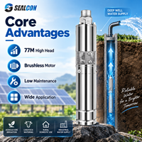 Pompe à eau solaire DC en gros, pompe submersible pour puits profond en acier inoxydable, hauteur de refoulement 77M avec contrôleur pour solutions d'eau hors réseau